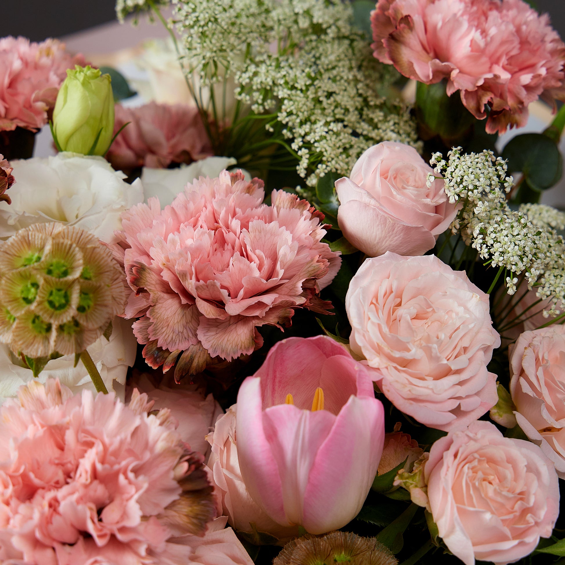 stunning bouquet featuring Brown and pink dyed carnation, tulip, spray rose & Greenery