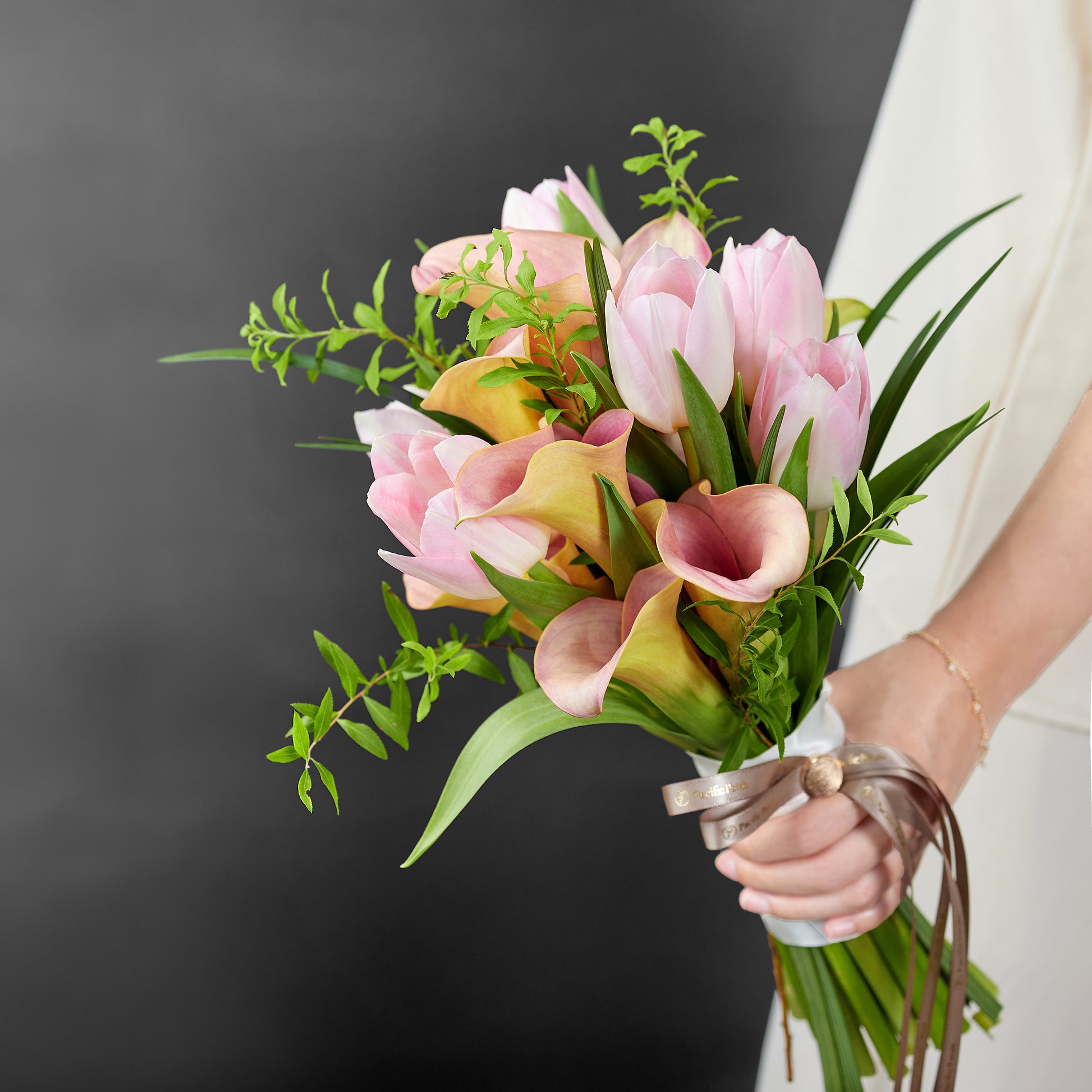 pink calla lily and tulip bridal bouquet